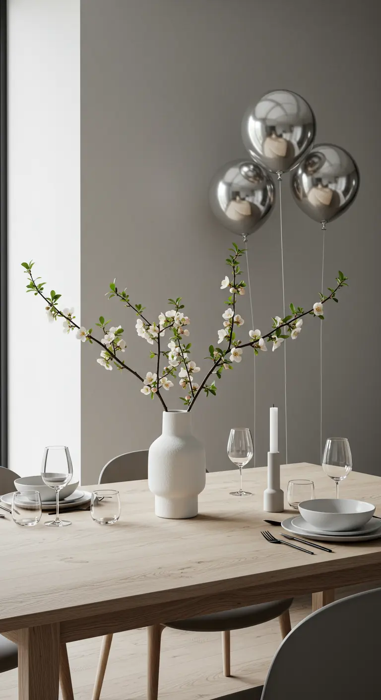 Table de fête minimaliste avec des branches fleuries dans un vase blanc et des ballons argentés.