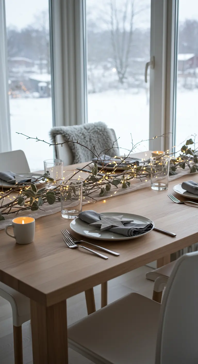 Table minimaliste avec des branches et des lumières, vue sur un paysage enneigé.