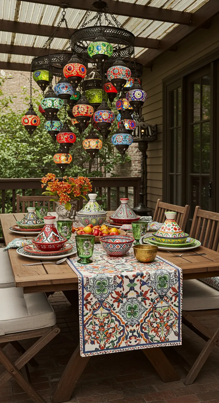 Table de patio avec un grand lustre de lanternes marocaines colorées et des tajines