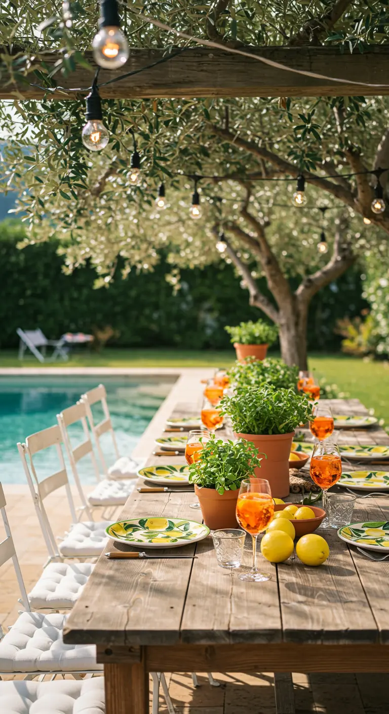 Longue table en bois sous un olivier, décorée de citrons et de pots de plantes.