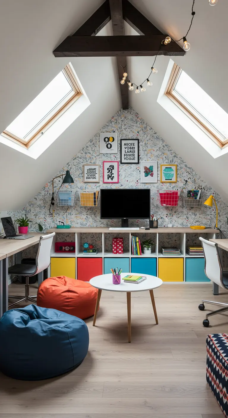 Espace de travail sous les combles avec des rangements colorés, des poufs et un mur à motifs.