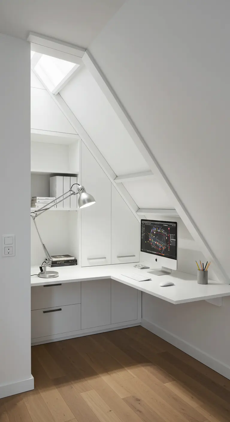 Bureau d'angle blanc sur mesure intégré sous une pente de toit avec velux.