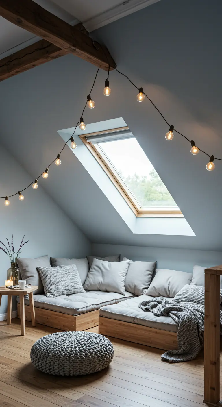 Coin détente sous les toits avec banquette en bois, coussins gris et guirlande lumineuse.