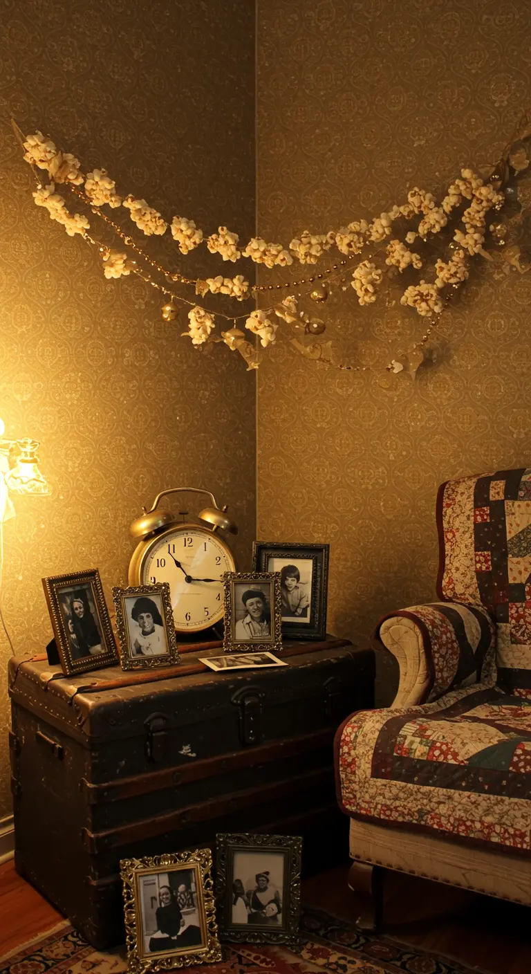 Coin photo vintage avec guirlande de pop-corn, malle et photos de famille.