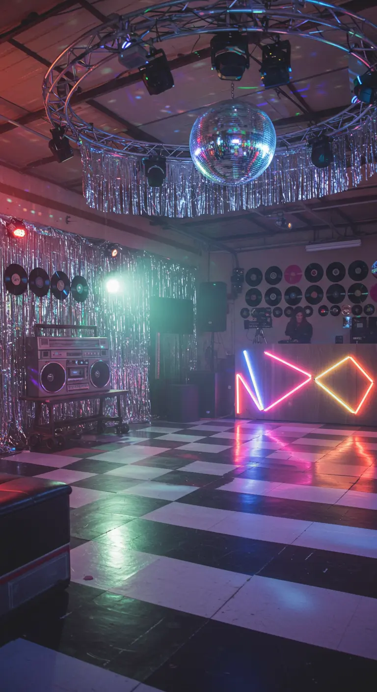Piste de danse damier avec une boule à facettes et des rideaux argentés.