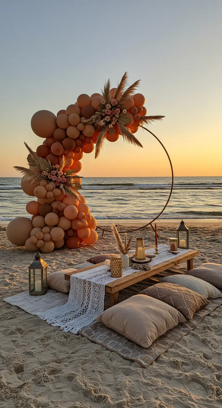 Arche de ballons terracotta et beige sur une plage au coucher du soleil.