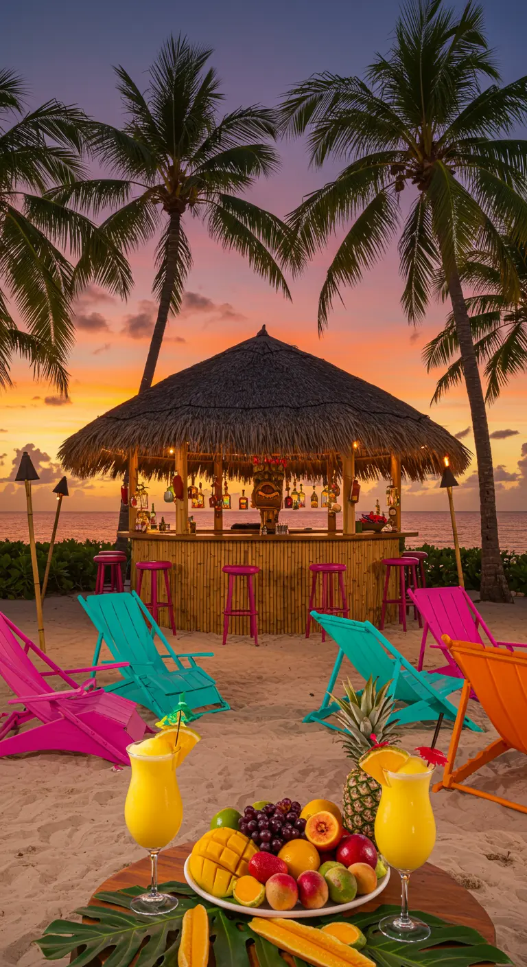 Bar tiki en bambou sur la plage au coucher du soleil, avec des chaises longues colorées.