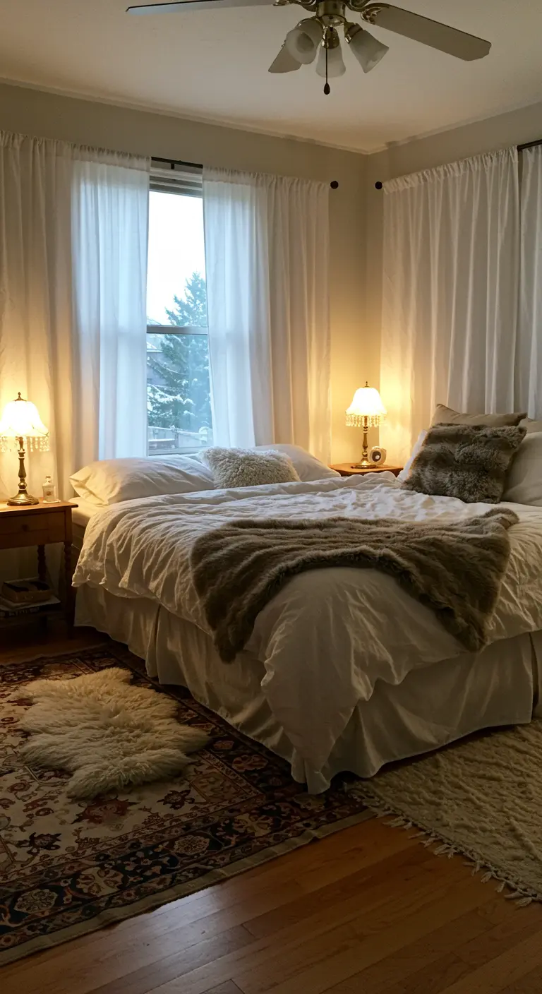 Chambre avec une peau de mouton synthétique posée sur un grand tapis d'inspiration persane.