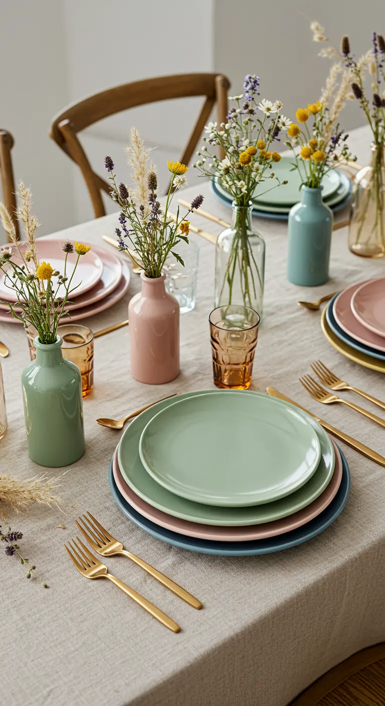 Table dressée avec une superposition d'assiettes de différentes couleurs pastel.