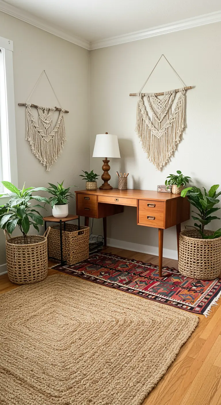 Bureau en bois de style bohème avec deux tapis superposés, un en jute et un à motifs ethniques.