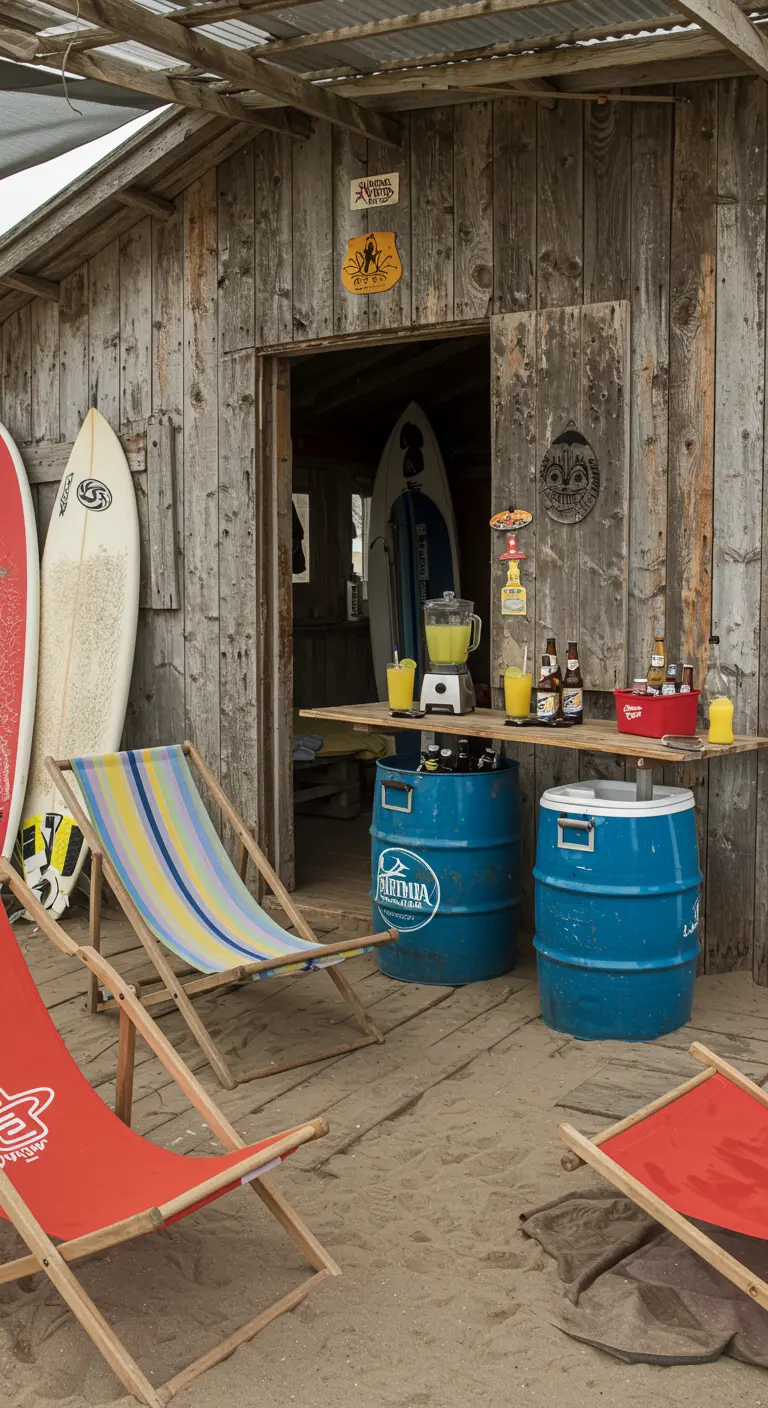 Bar de plage improvisé avec des barils en métal, des planches de surf et des transats.
