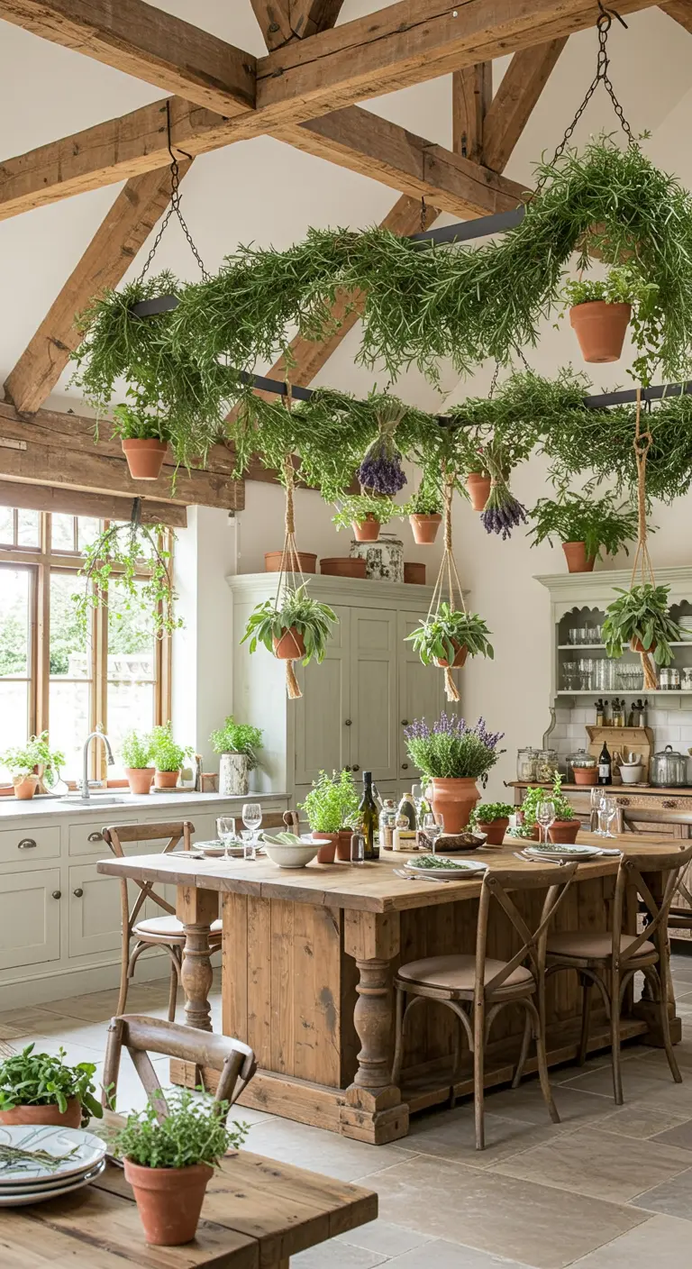 Structure en métal suspendue au-dessus d'une table de cuisine, couverte d'herbes aromatiques.
