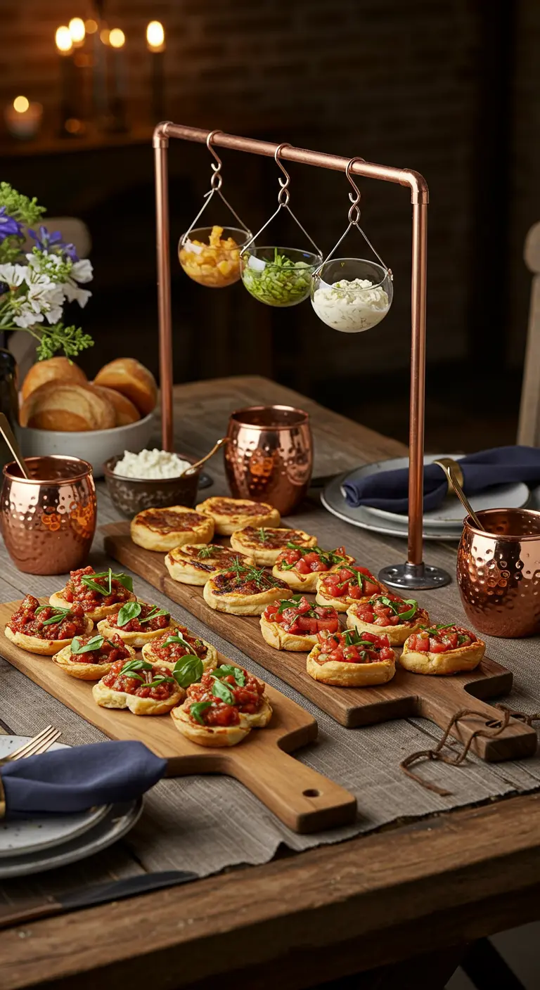 Bruschettas avec un serviteur DIY en tuyaux de cuivre suspendant des bols.