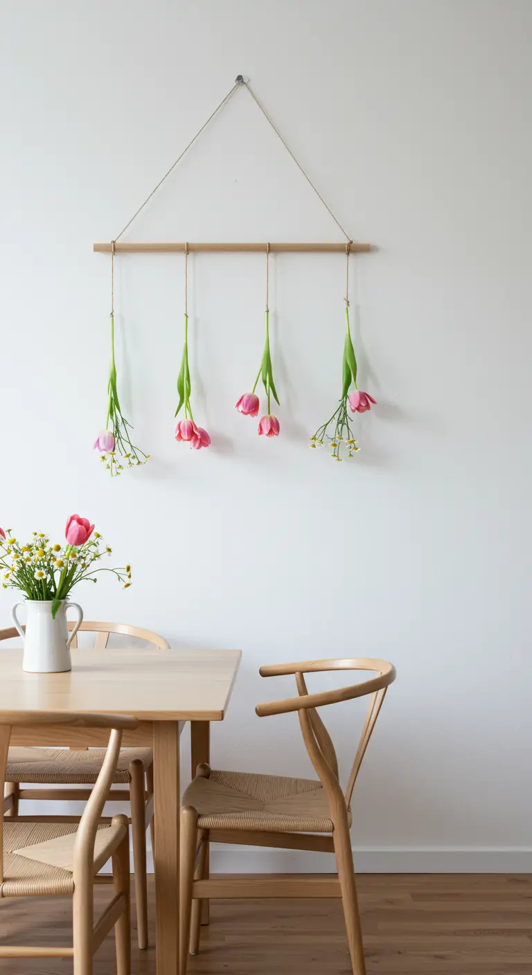 Tulipes roses suspendues à une cheville en bois sur un mur blanc.