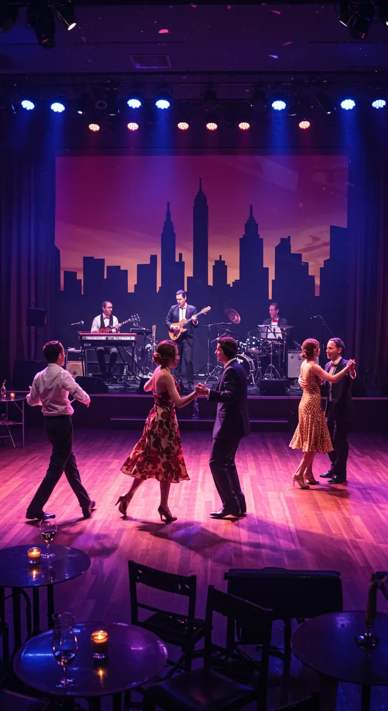 Couples dansant le swing devant un orchestre sur scène.