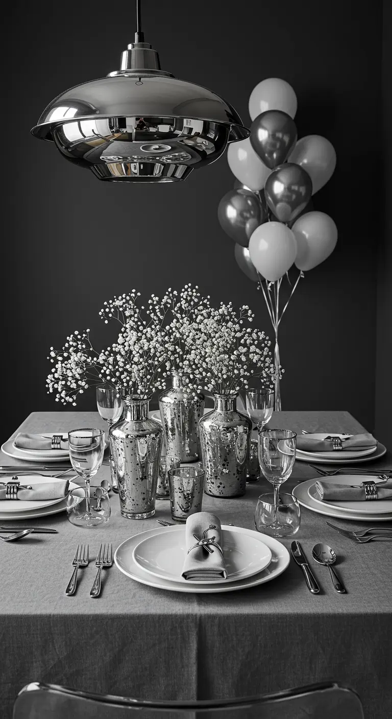 Table monochrome grise et argentée avec des vases remplis de gypsophile et une suspension chromée.