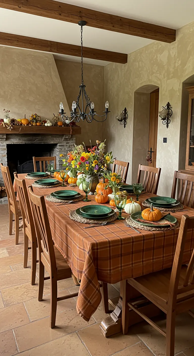 Table d'automne avec nappe à carreaux orange et citrouilles décoratives.