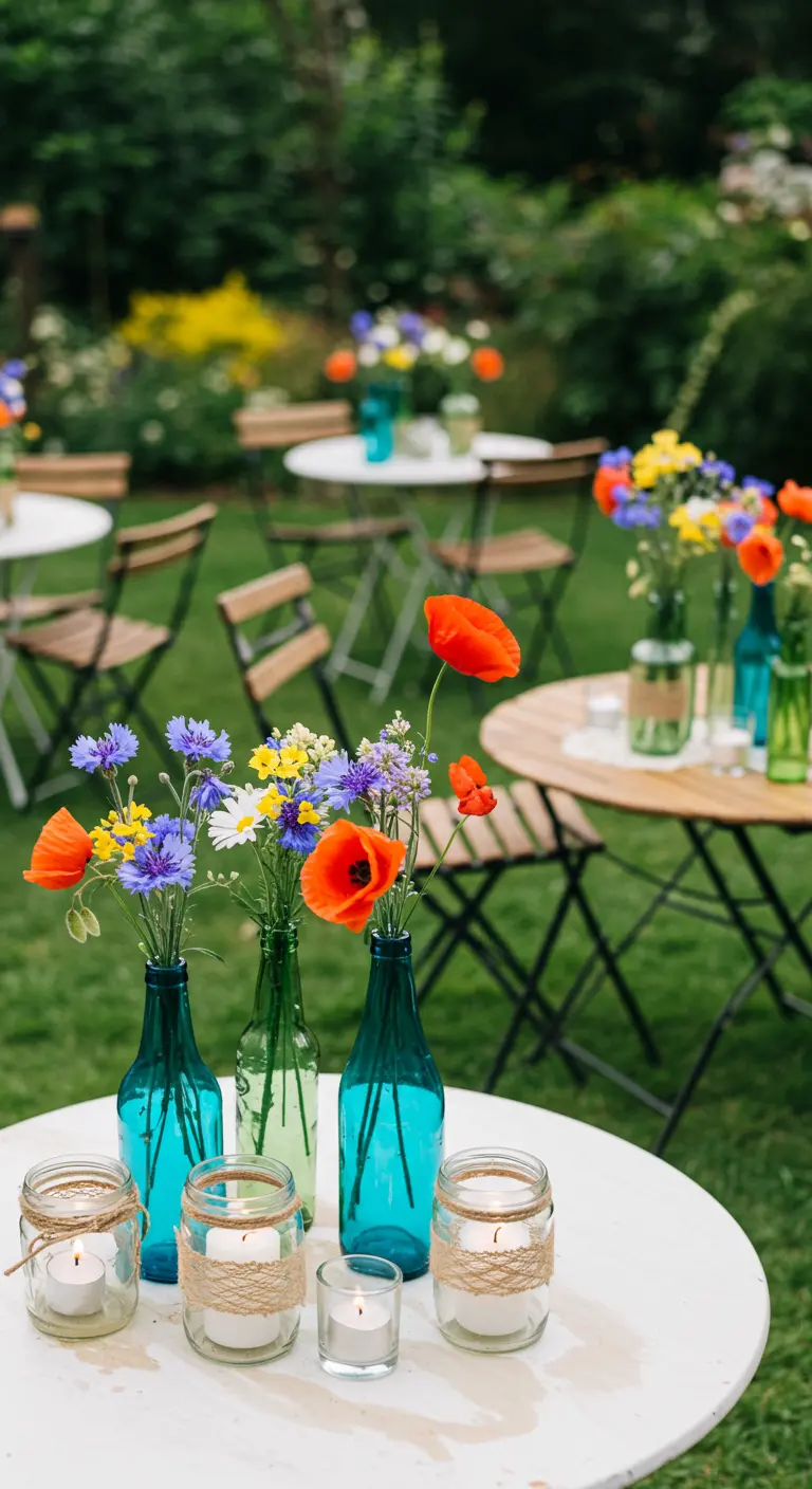 Fleurs des champs dans des bouteilles colorées et bougies dans des bocaux sur une table de jardin.