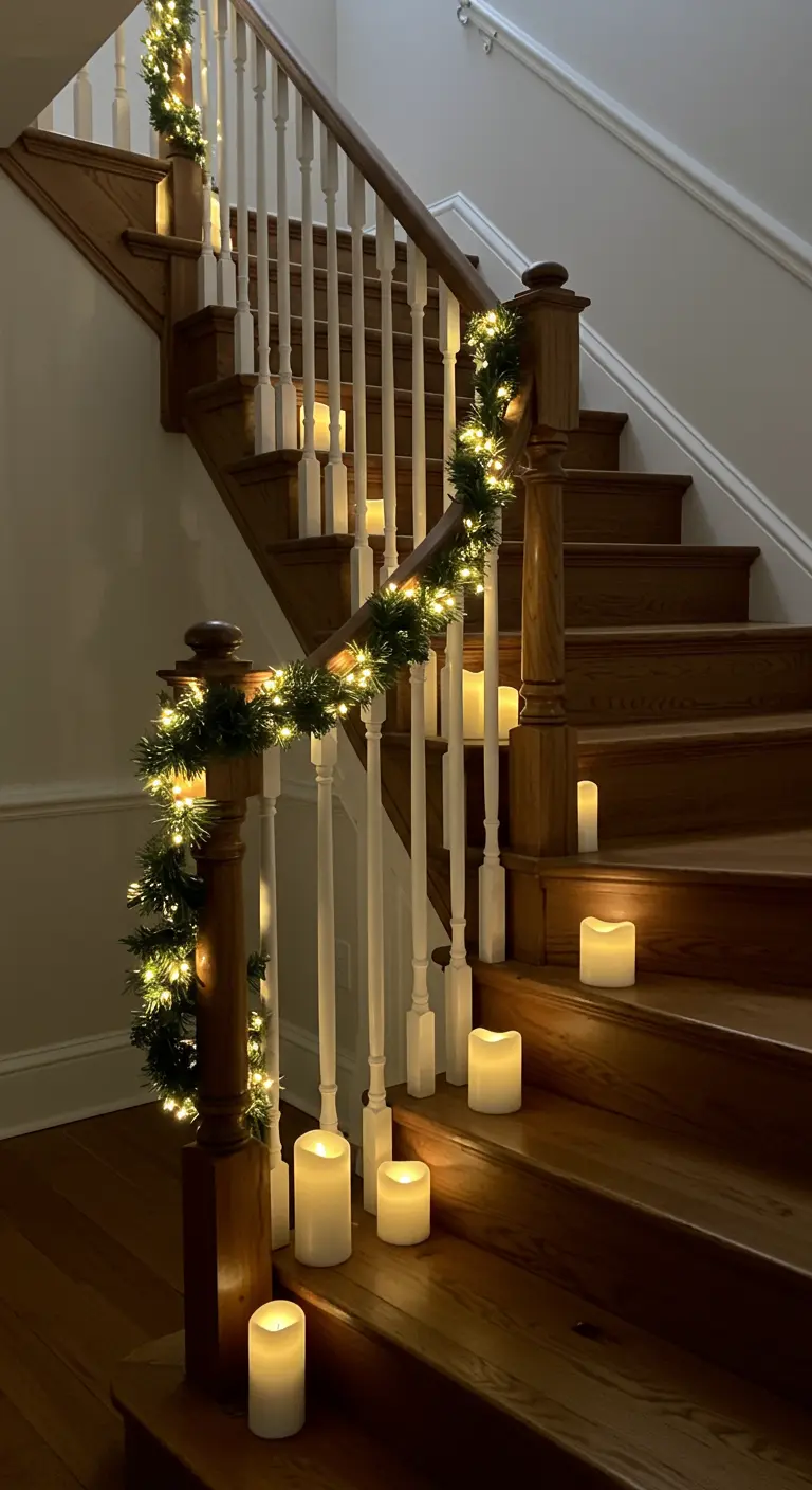 Escalier en bois avec une guirlande simplement illuminée et des bougies LED sur les marches.
