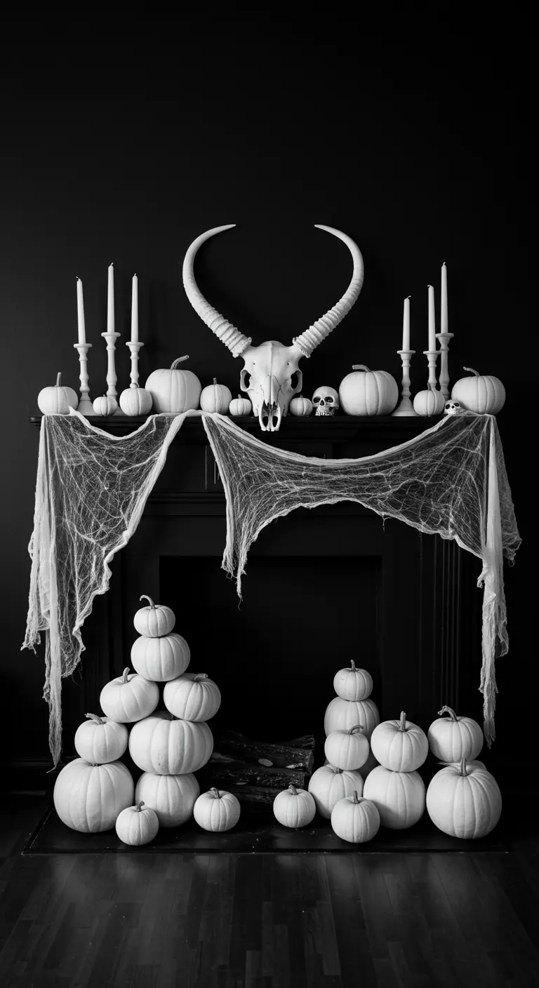 Décoration d'Halloween monochrome en noir et blanc avec des citrouilles blanches et un crâne.