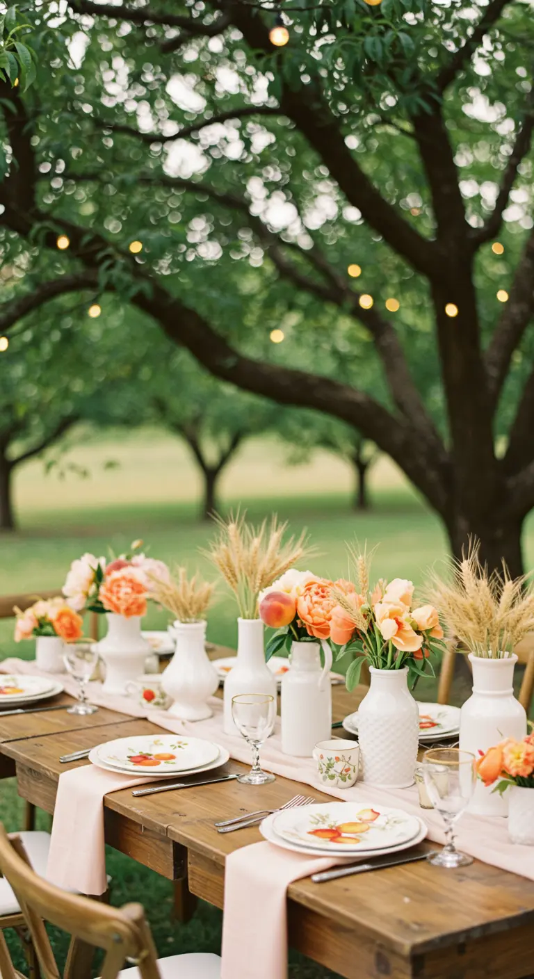 Table de mariage avec des fleurs couleur pêche dans des vases en céramique blanche.
