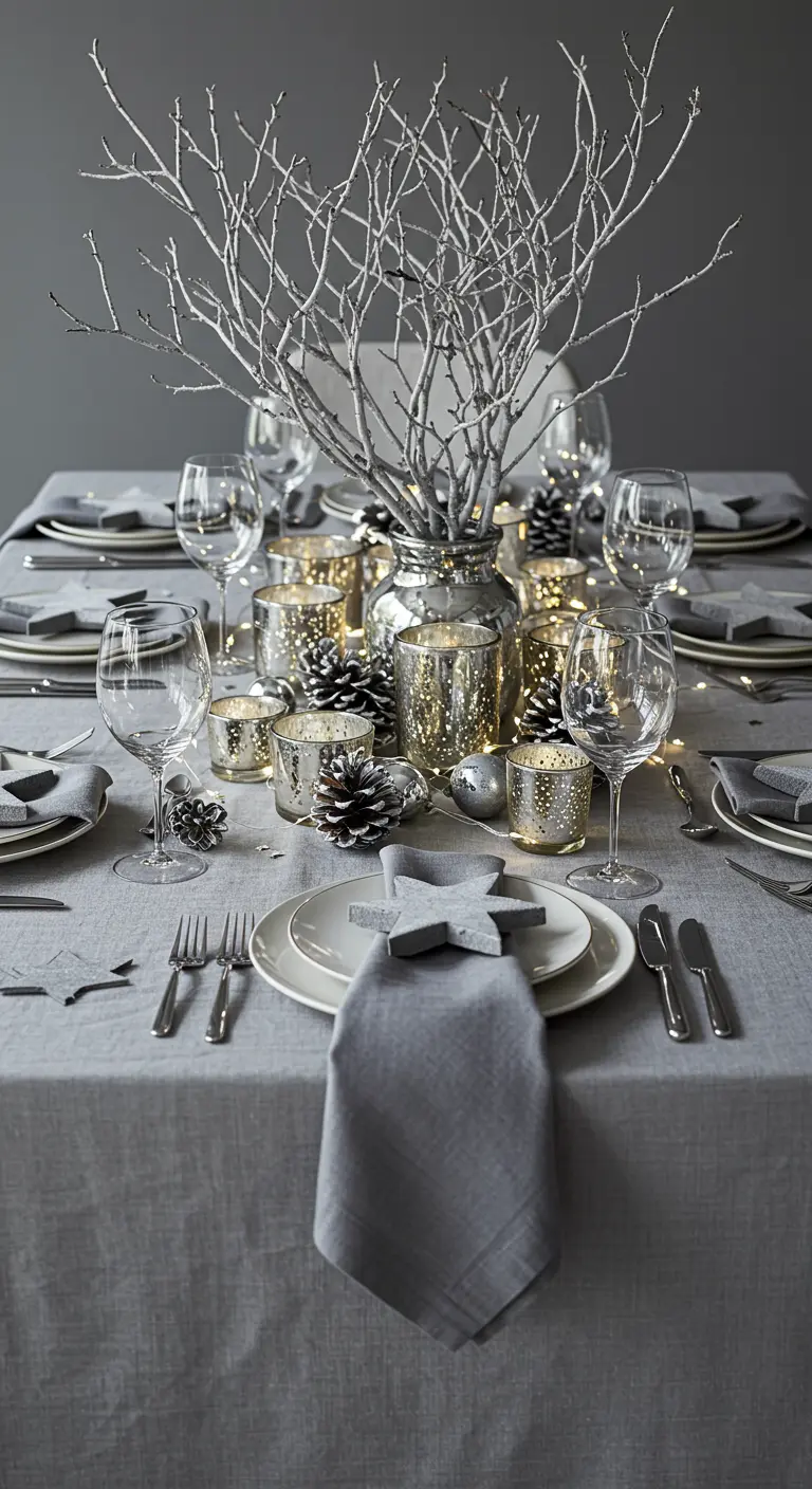 Table monochrome grise avec des photophores argentés et des branches givrées.