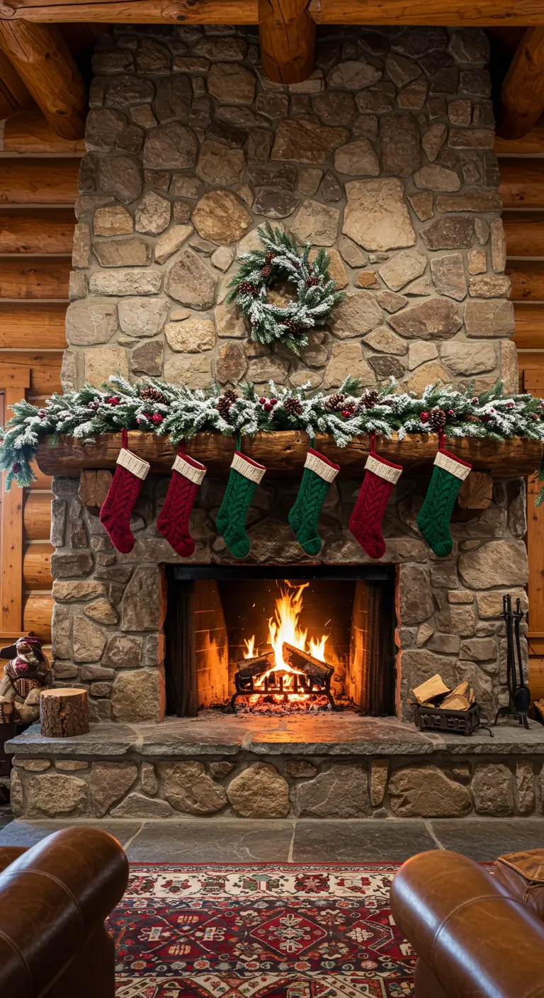 Cheminée en pierre avec une alternance de chaussettes tricotées rouges et vertes.