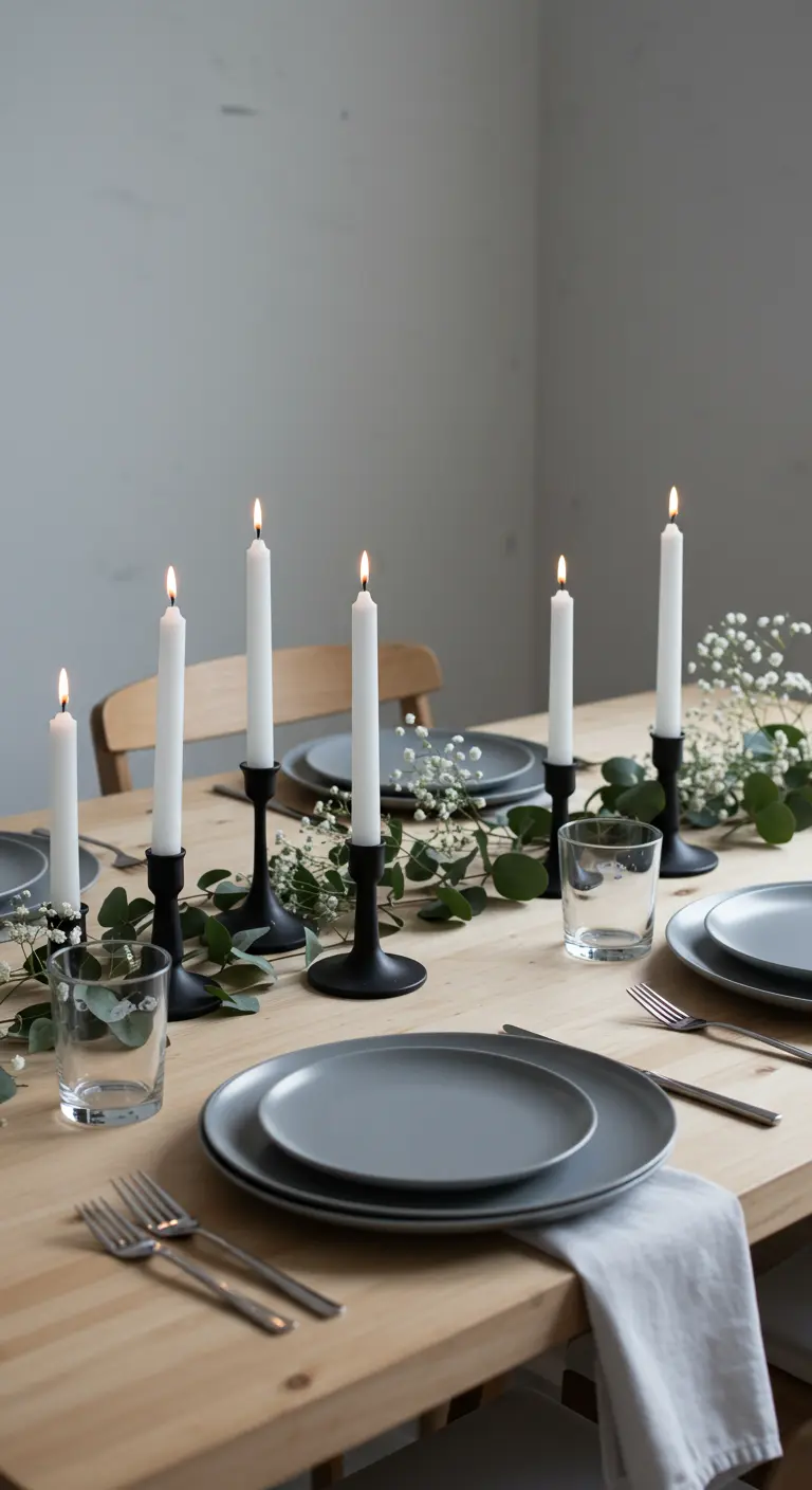 Table minimaliste avec bougies blanches sur bougeoirs noirs et eucalyptus.