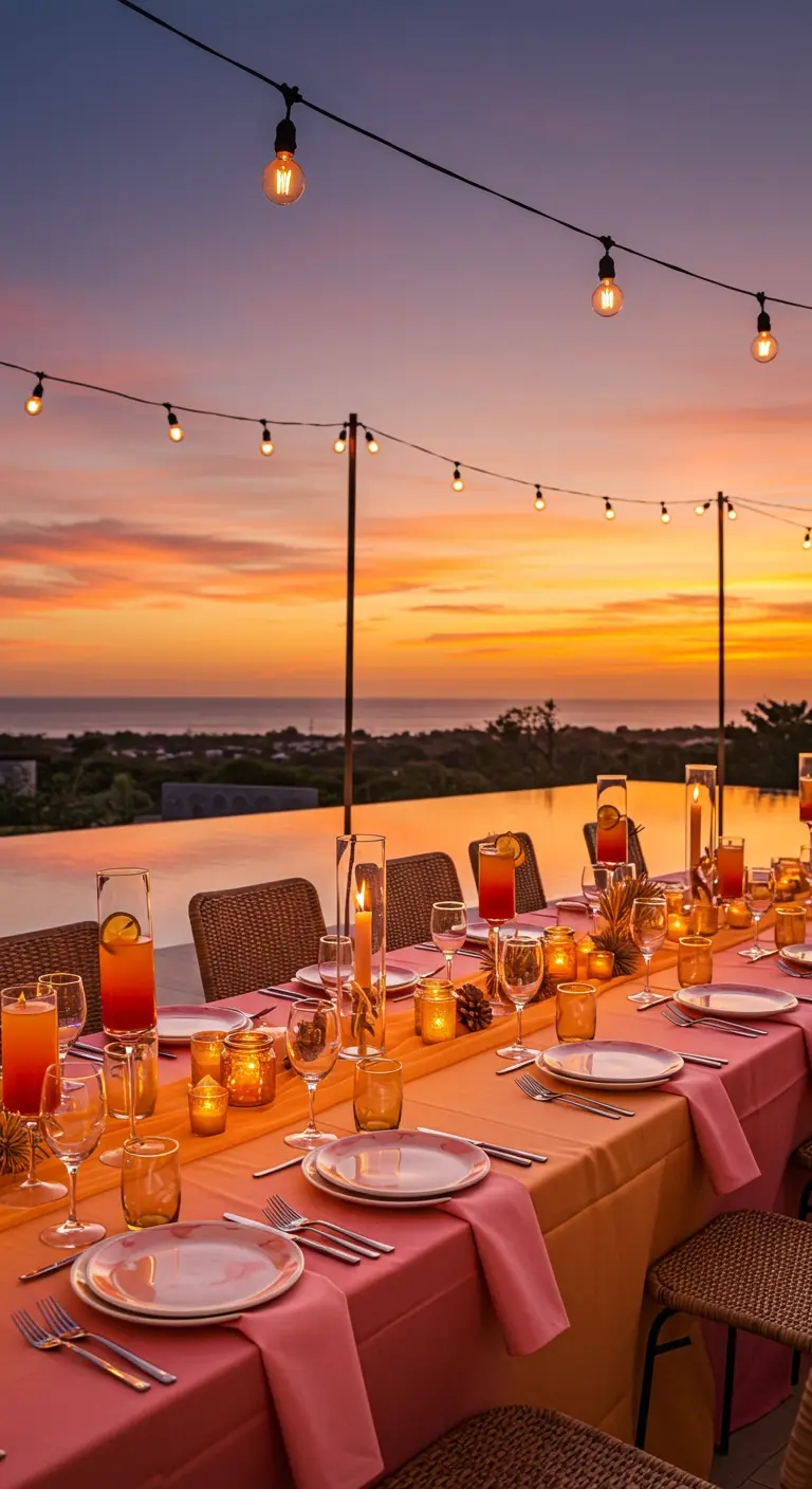 Table de dîner dressée dans les tons rose et orange, face à un coucher de soleil.