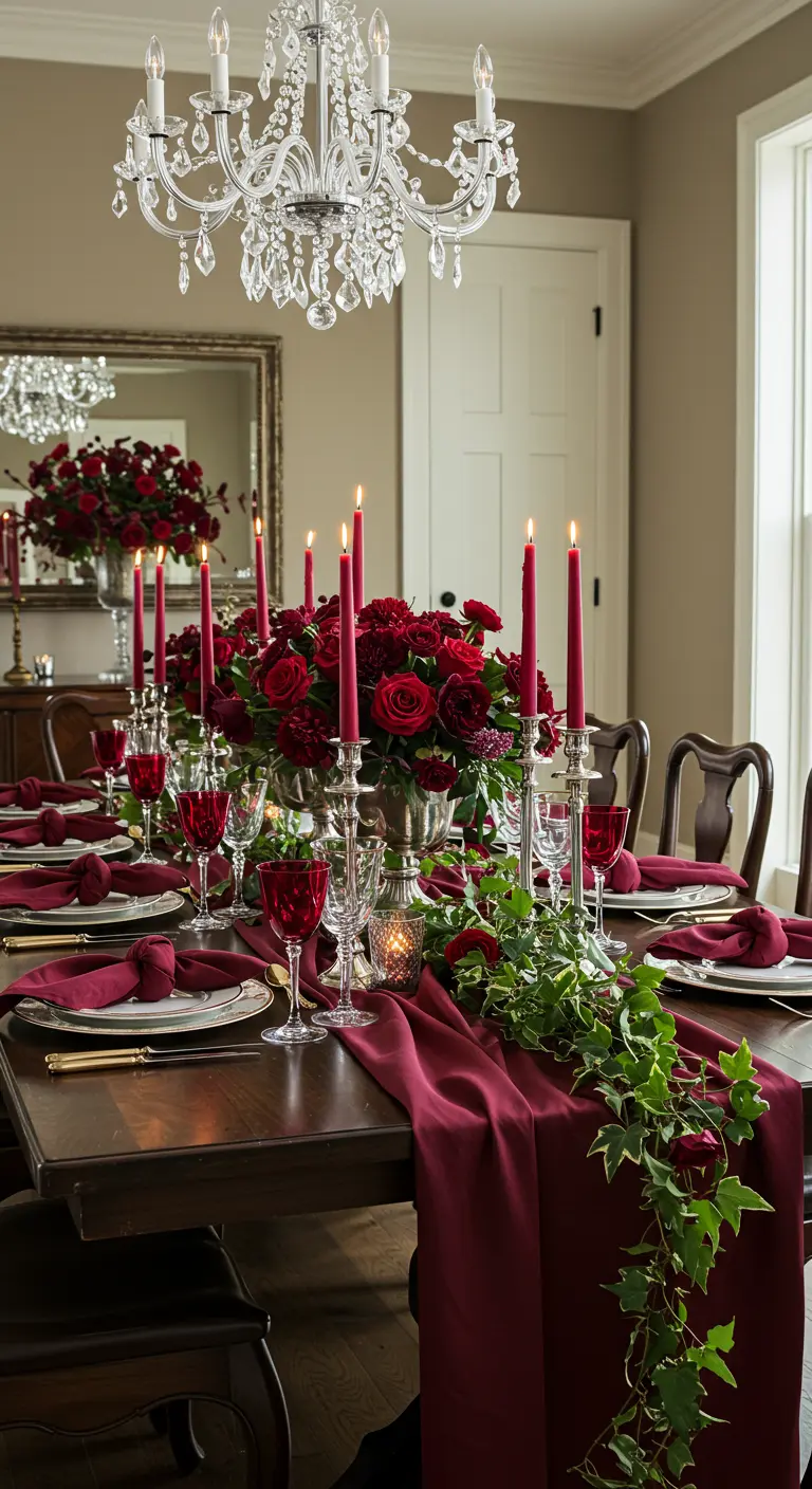 Une table de salle à manger formelle dressée en rouge et argent avec des fleurs et des chandeliers.