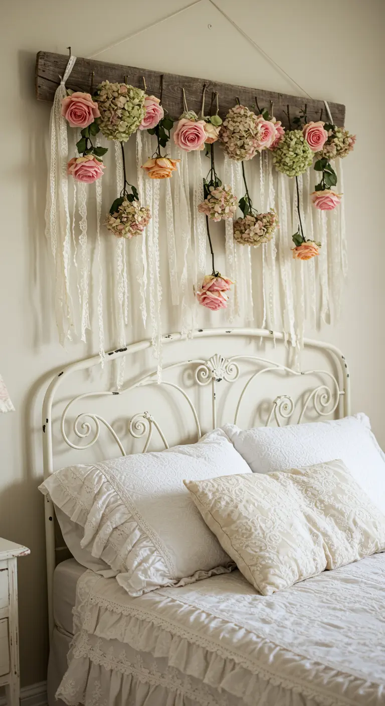 Des roses et des rubans de dentelle suspendus à une planche de bois rustique.