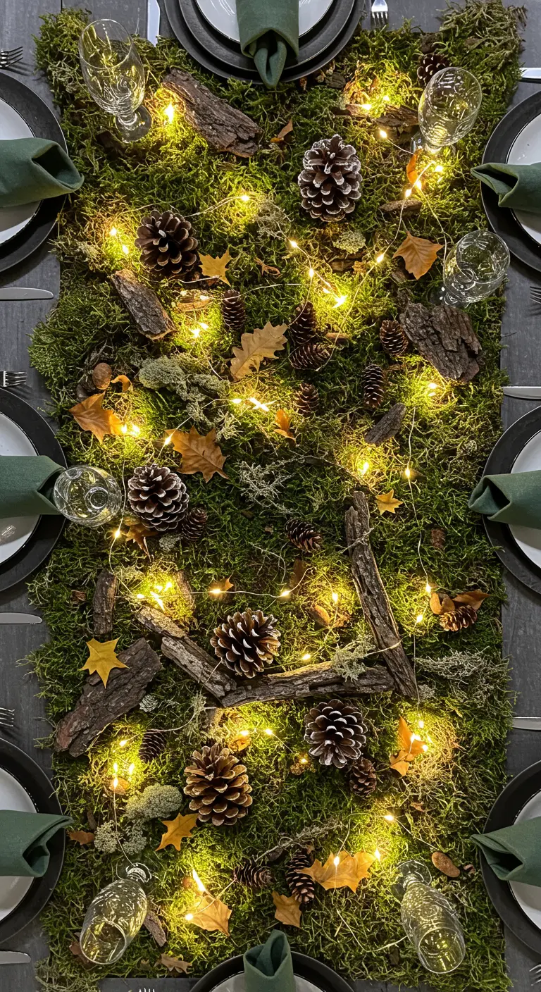 Vue de dessus d'un chemin de table entièrement recouvert de mousse et de lumières.