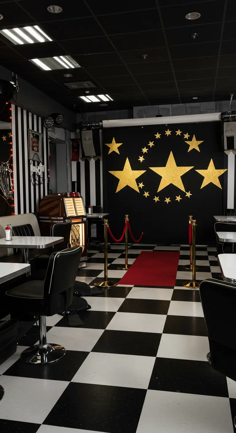 Décor de fête noir et blanc avec tapis rouge, étoiles dorées et sol à damier.