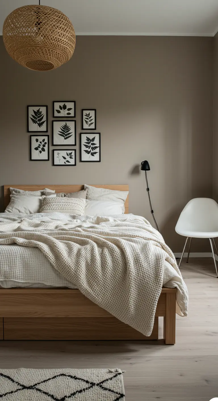 Chambre scandinave-bohème avec mur taupe et composition de cadres botaniques noirs.