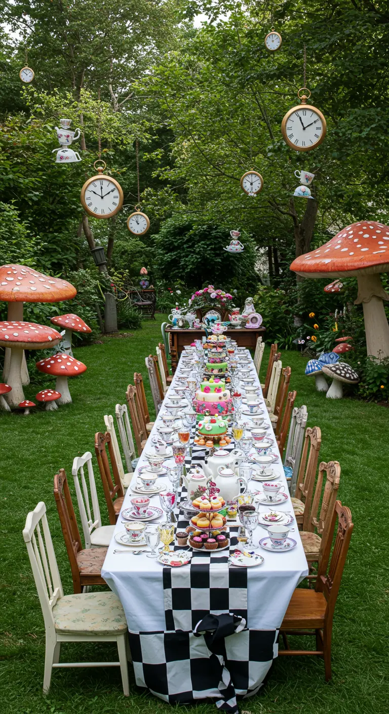 Longue table de thé dans un jardin, style Alice au Pays des Merveilles.