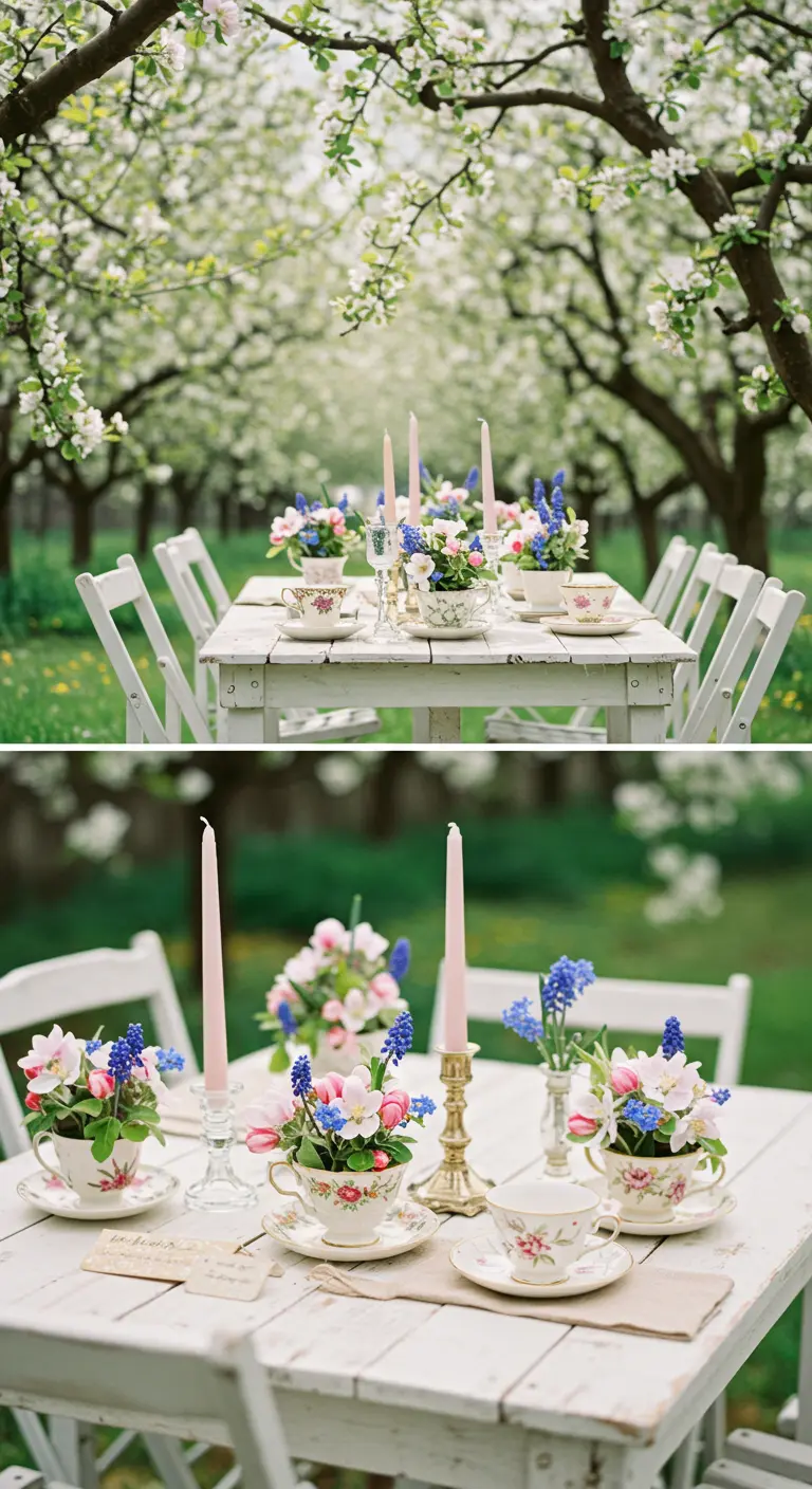 Fleurs printanières dans des tasses à thé vintage sur une table blanche dans un verger.