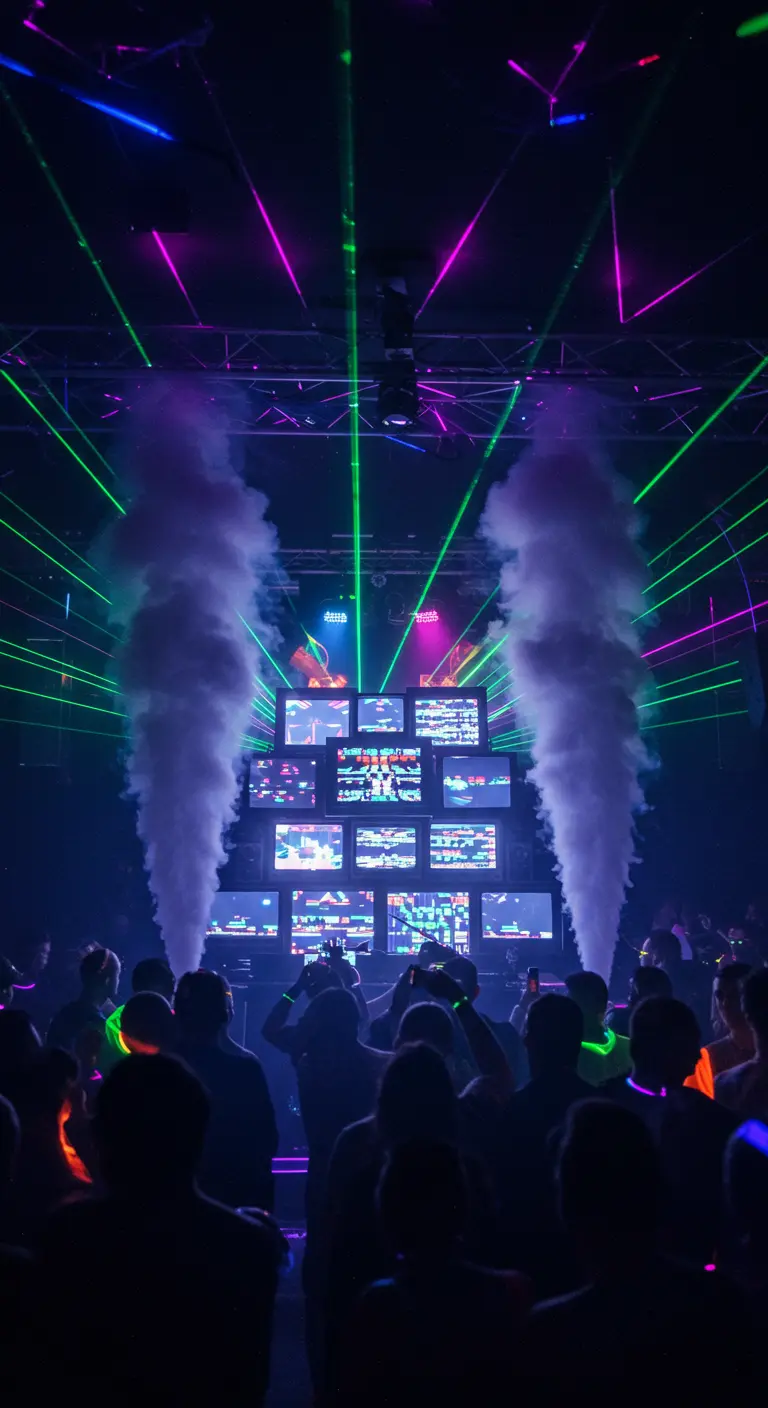 Scène de concert avec des lasers verts, de la fumée et un mur d'écrans.