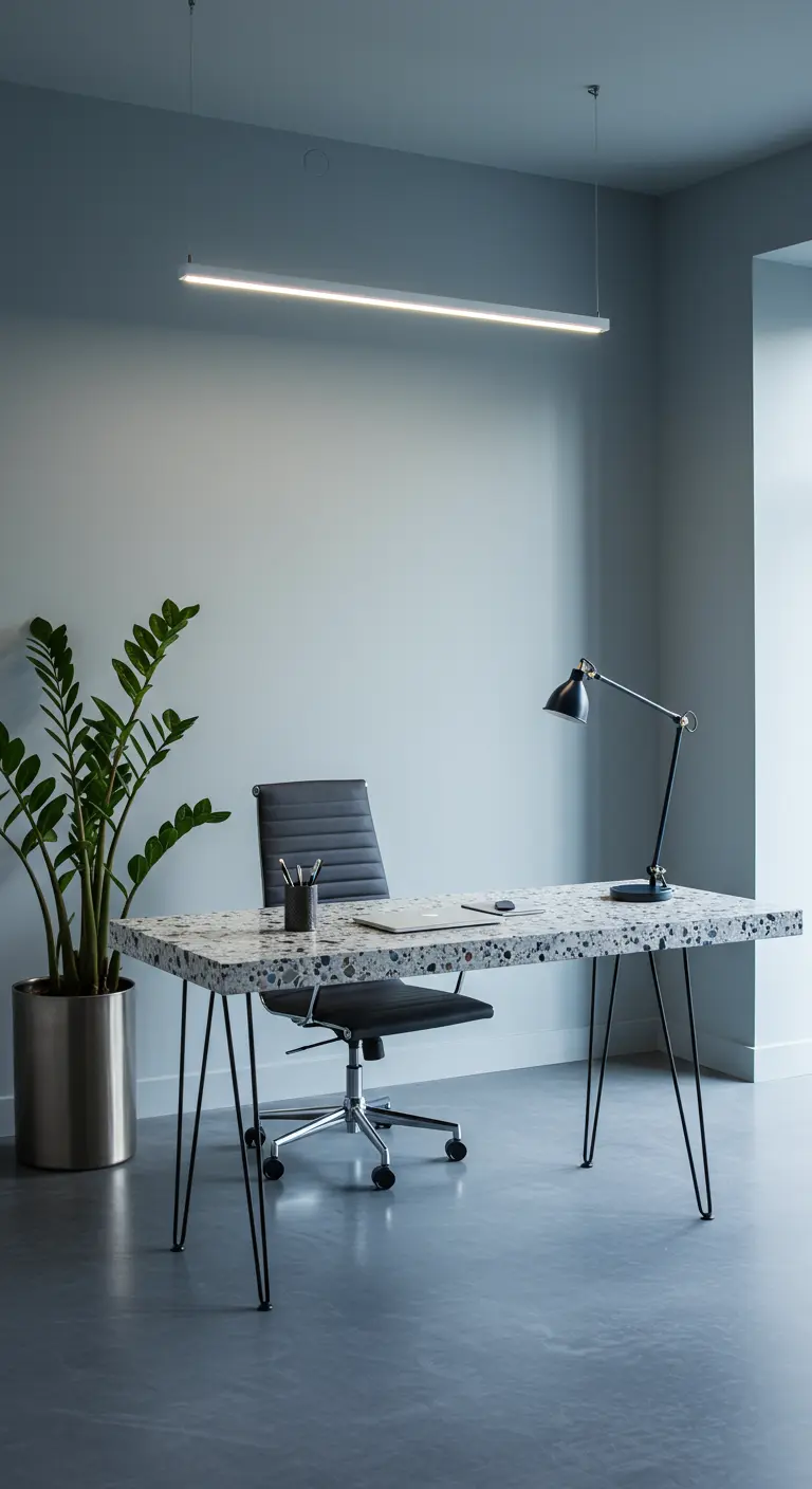 Bureau minimaliste en terrazzo, pieds fins en métal, chaise noire et une grande plante verte.