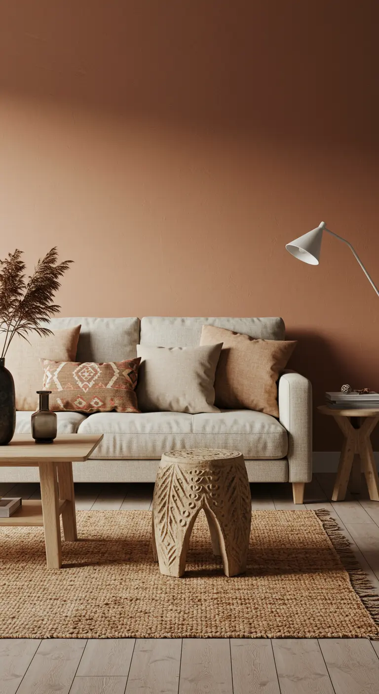Salon de style ethnique chic avec un mur couleur terre cuite et un tapis en jute.