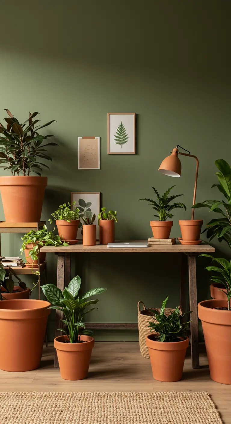 Bureau en bois entouré de nombreuses plantes dans des pots en terre cuite, sur fond de mur vert sauge.