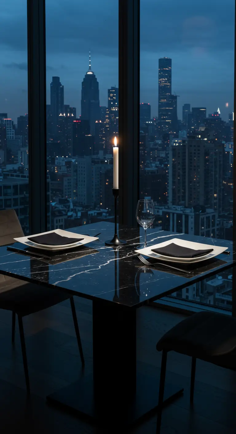 Table noire minimaliste pour deux devant une baie vitrée avec vue sur la ville.