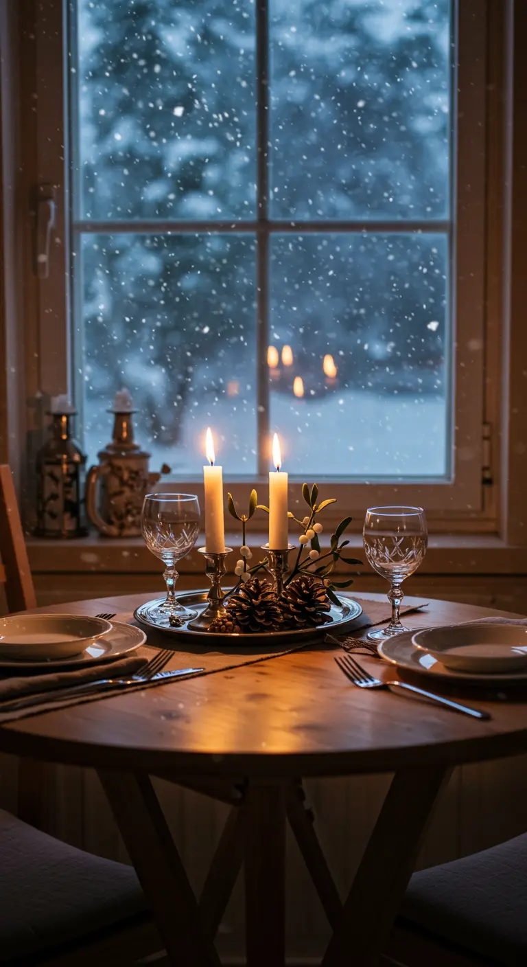 Centre de table pour deux avec deux bougies, pommes de pin sur un plateau d'argent.