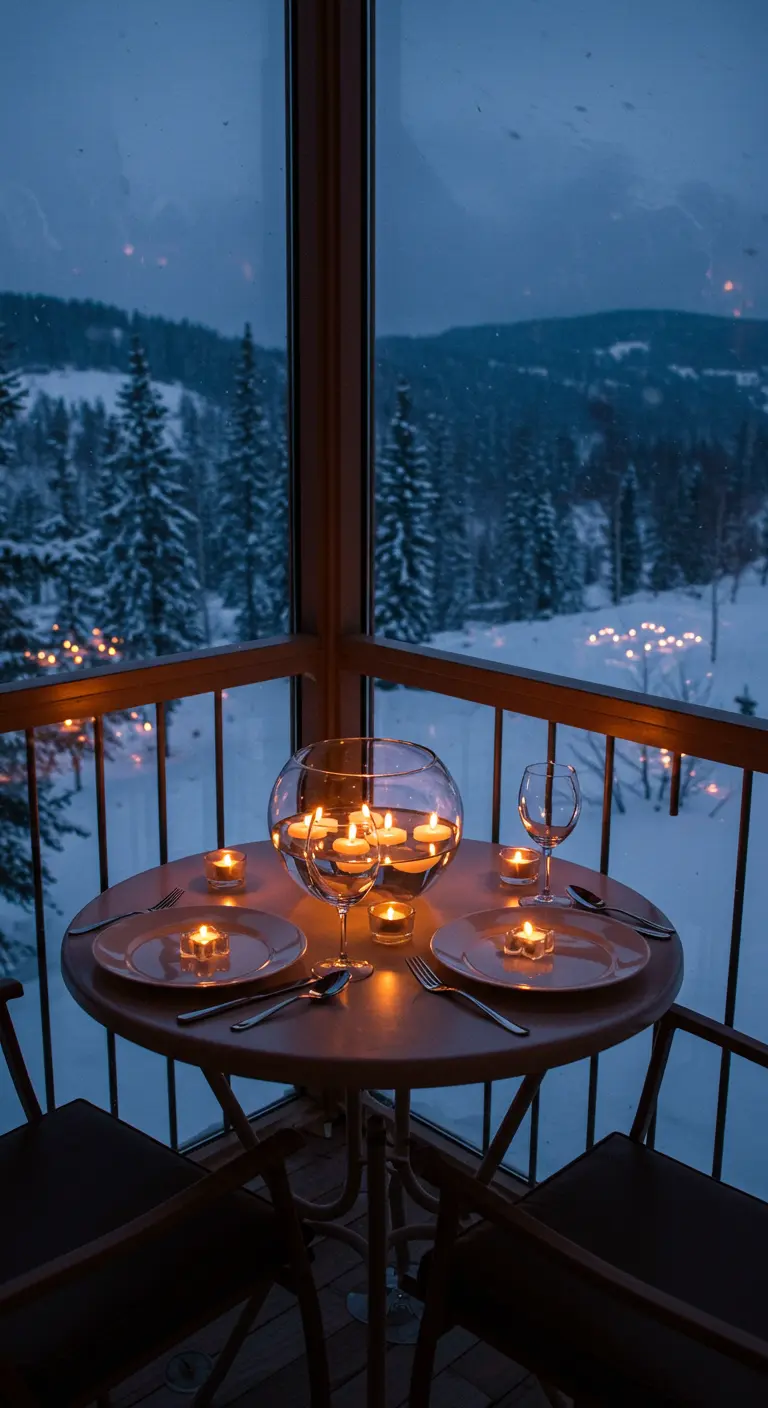 Petite table pour deux sur un balcon avec vue sur un paysage enneigé, un grand vase de bougies.
