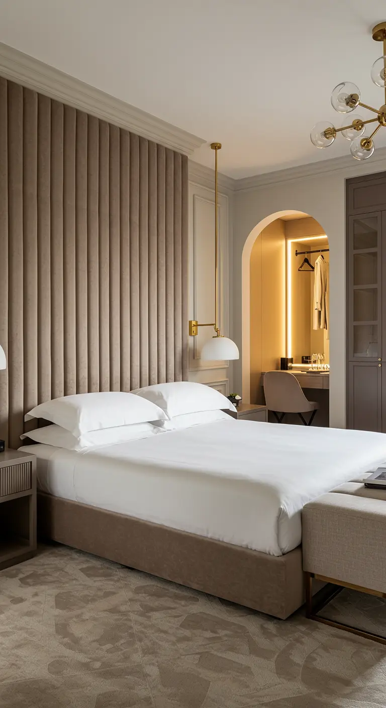 Chambre élégante avec une haute tête de lit cannelée en tissu beige et des suspensions design.