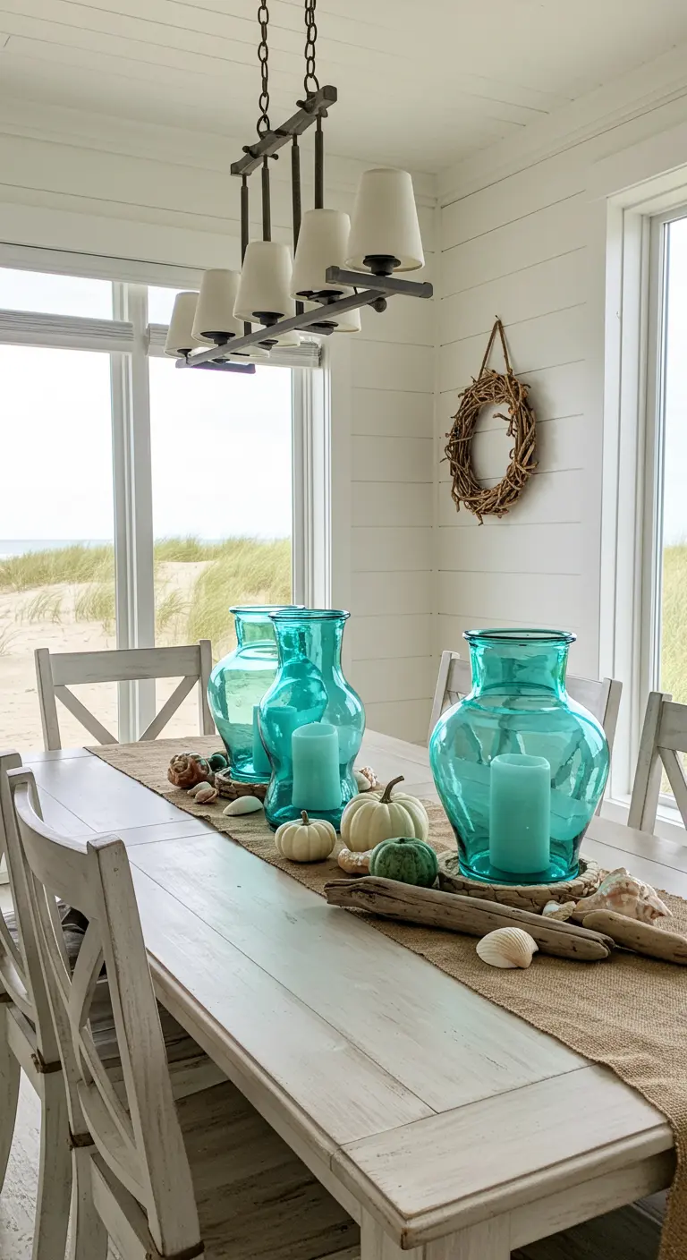 Décor de table côtier avec vases turquoise, citrouilles blanches et bois flotté.