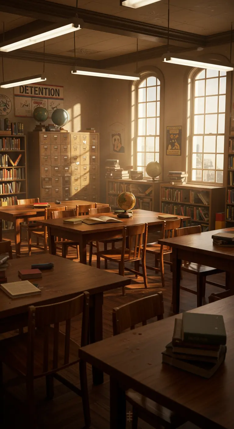 Salle de classe vintage avec des bureaux en bois et de grandes fenêtres.