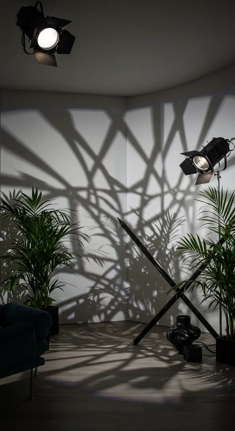 Ombres de grandes plantes projetées de manière spectaculaire sur un mur blanc par des spots de studio.