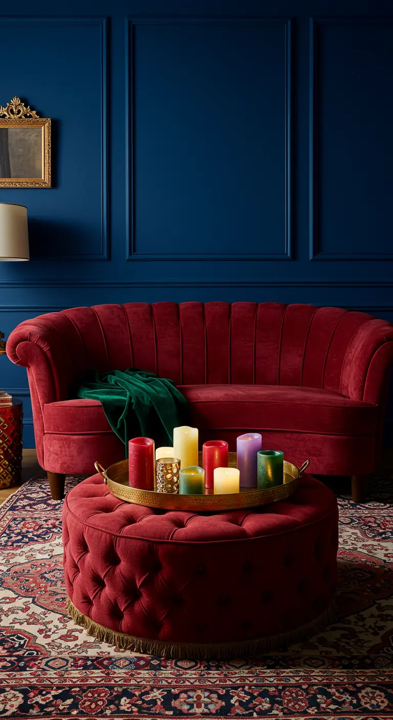 Canapé en velours rouge devant un mur bleu, avec des bougies colorées sur un plateau.
