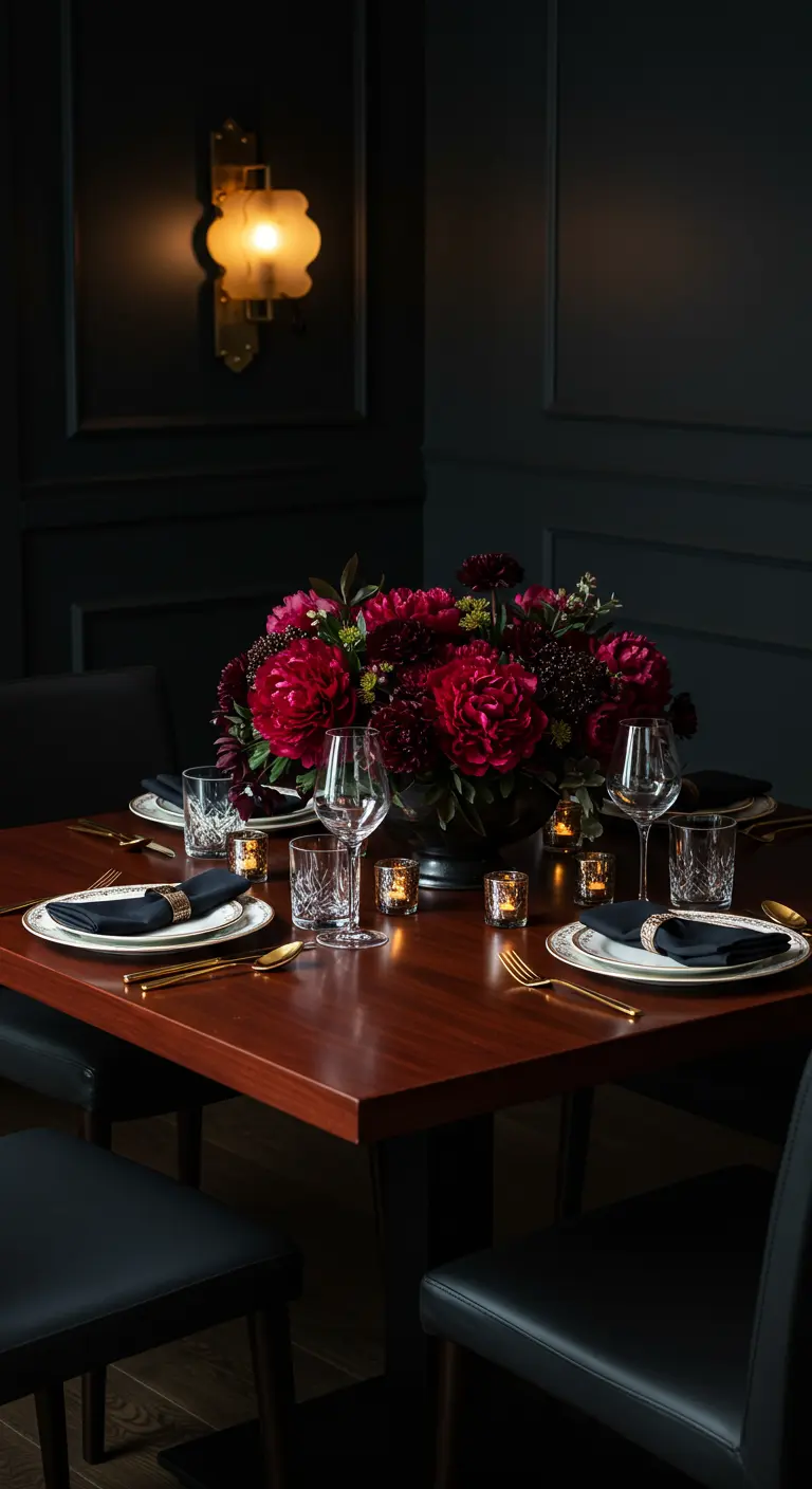 Bouquet dense de pivoines rouges sur une table sombre et chic.