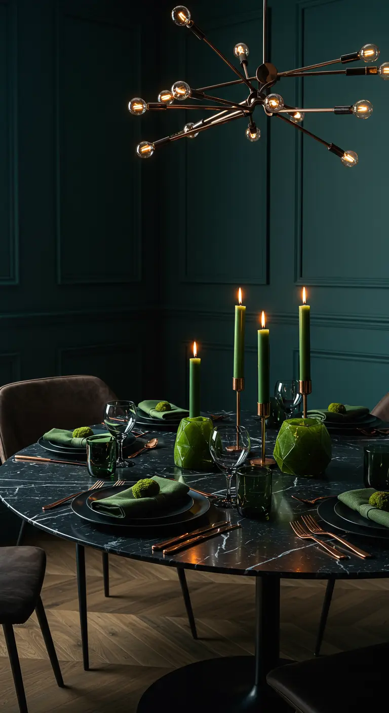 Table de dîner sombre et luxueuse avec une palette de vert, noir et cuivre.